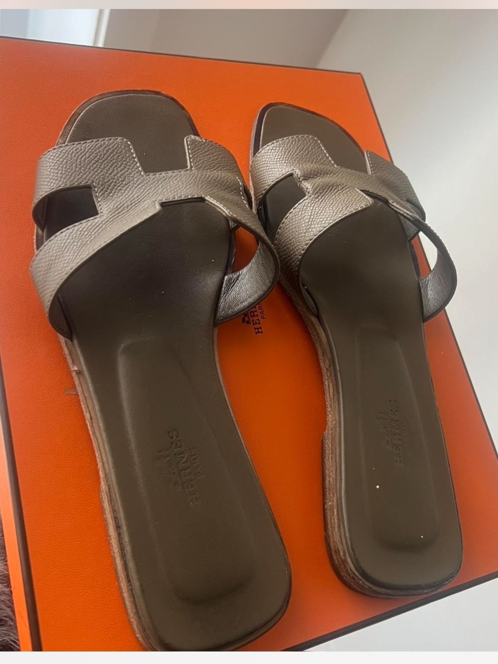 Hermes Brown Oran H-Logo Leather Slide Sandals - Picture 3 of 4